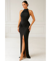 Comprar Vestido de Festa Longo Madrinhas preto Halter Neck Cetim Premium com Fenda Elegante em promoção ZARA